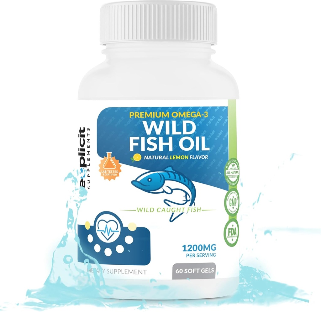 Olio di Pesce Selvatico Omega 3 - EPA/DHA - Burpless, Limone non aromatizzato OGM, Gluten & Soy Free – 1200mg per porzione, 60 Serve, 60 Capsule