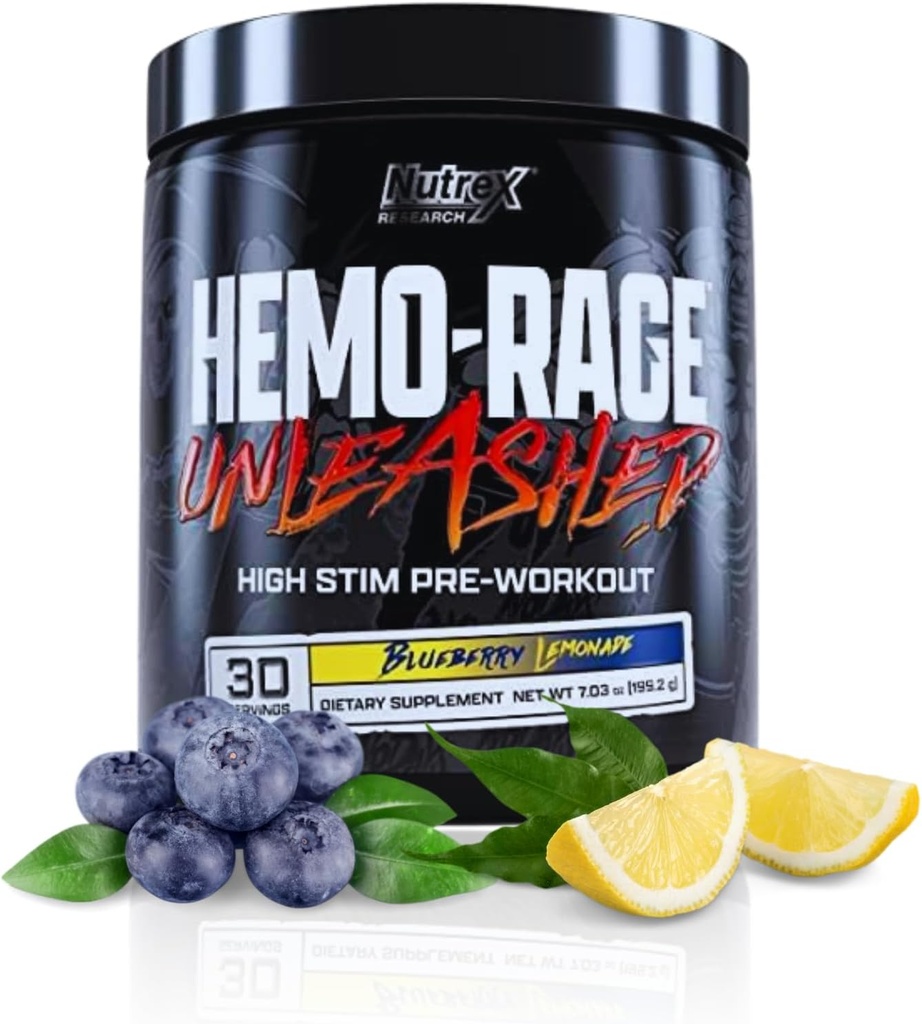 Nutrex Research Hemo-Rage Extreme High Stim Pre Workout Powder | Insane Lasting Energy, Focus, Endurance & Pump Booster Preworkout Supplement | Blueberry Lemonade 30 Serve