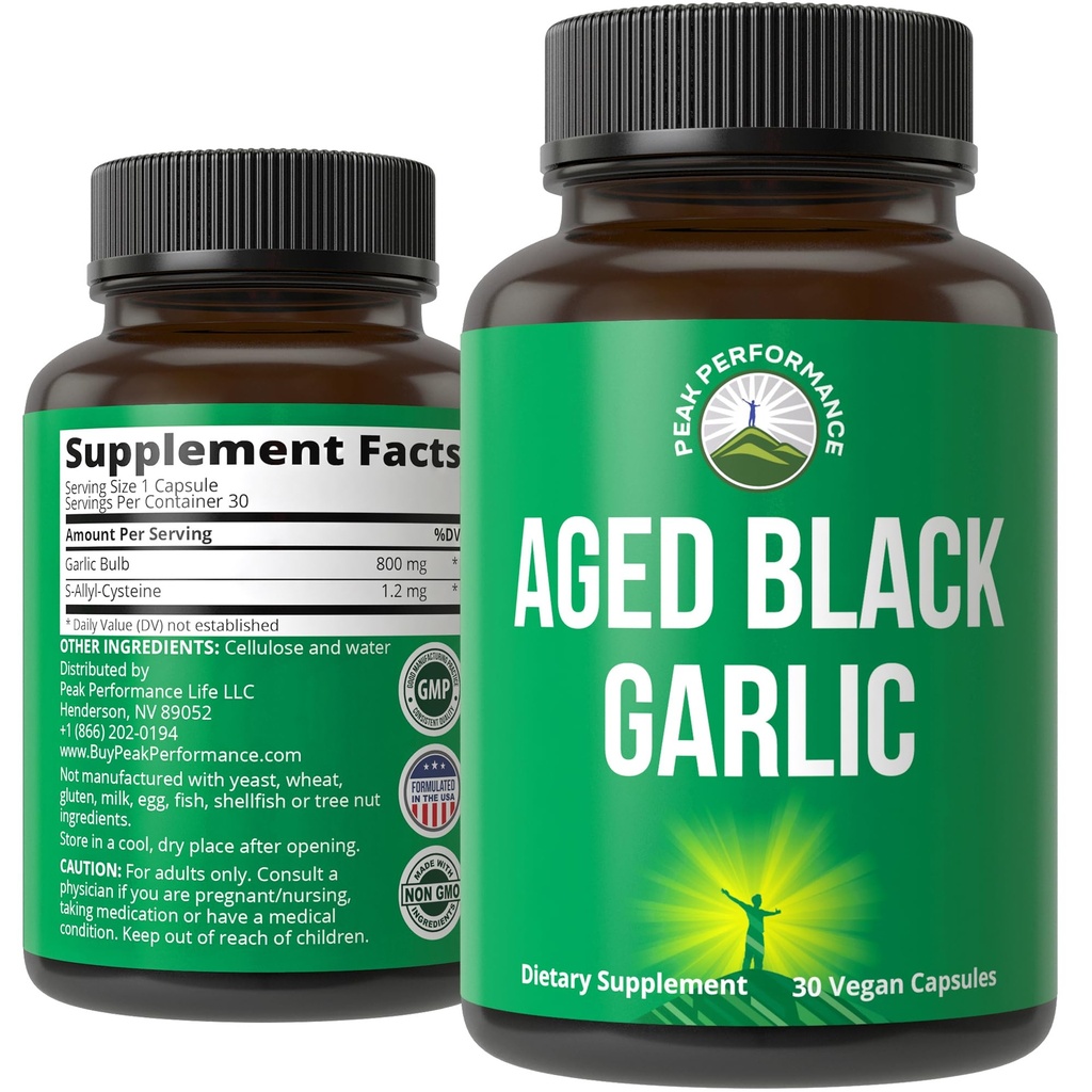 Picco Performance Aged Black Aglio capsule. Raw Vegan Pure Odorless Extract Supplemento pillole per il colesterolo e il supporto immunitario. dalla lampadina aglio con S-Allyl Cysteine e antiossidanti