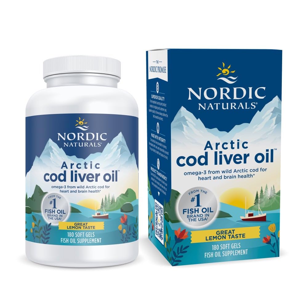 Nordic Naturals Arctic Cod Liver Oil, Limone - 180 Gel Morbidi - 750 mg Omega-3 Totale con EPA & DHA - Heart & Brain Health, Immunità sana, Benessere complessivo - Non-GMO - 60 Serve