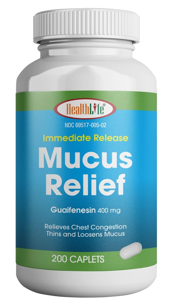 HEALTH LFE Mucus Relief Guaifenesin Caplets 400 mg, rilascio immediato veloce che agisce Aspettante, Thin e Loosens Mucus, Allevia la congestione del petto, tosse, freddo e influenza (Medium, 200 Conte)