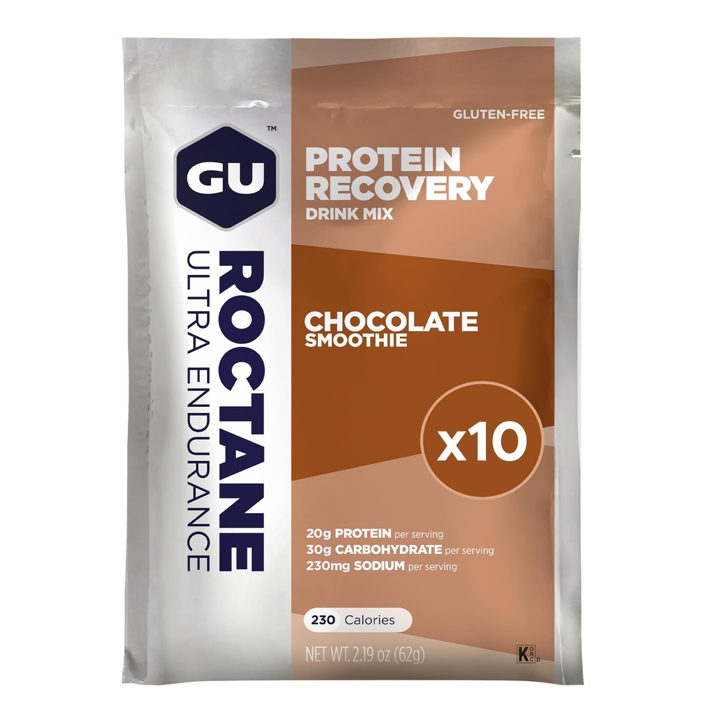 Gu Energy Roctane Ultra Endurance Protein Recovery Drink Mix, latticini senza glutine e Kosher, supporto di recupero dopo qualsiasi allenamento, 10 pacchetti di Singolo-Serving, Smoothie di cioccolato