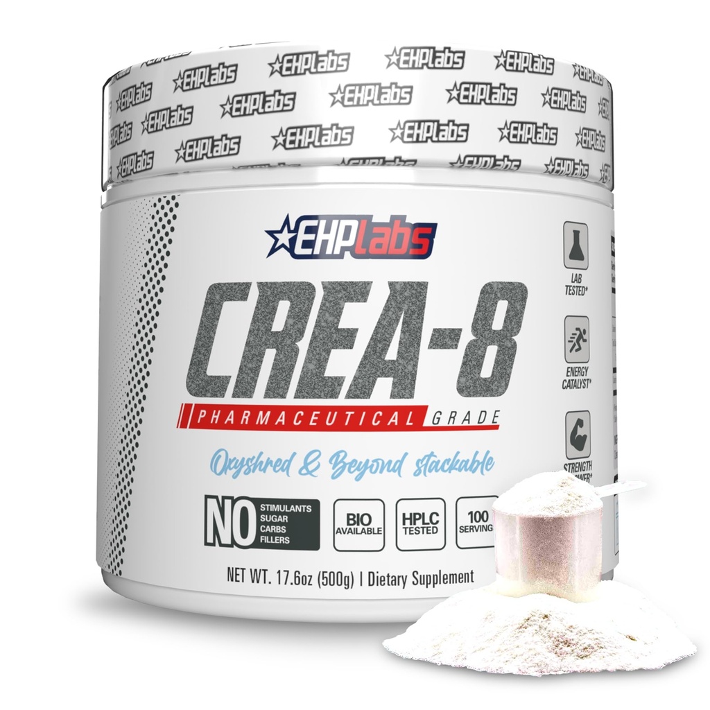 EHP Labs CREA-8 Polvere monoidrata di creatina micronizzata - Polvere di creatina non aromatizzata per la crescita del muscolo, aumento della resistenza, aumento della produzione di energia e prestazioni migliorate - 100 Serve (500g)