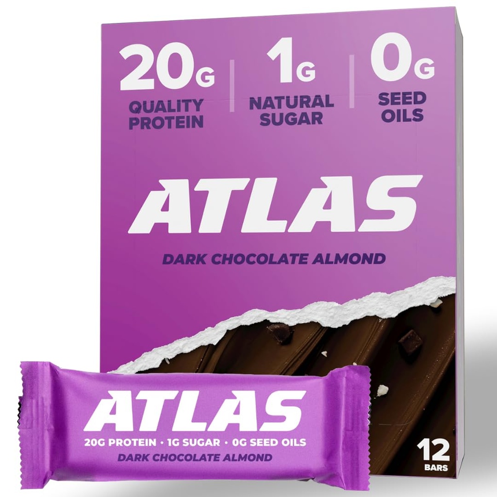 Atlas Bar – 20g Protein, 1g Zucchero, 0g Olio di semi, 0g Dolcificiali (Mandorla di cioccolato di maiale, 12 Conte)
