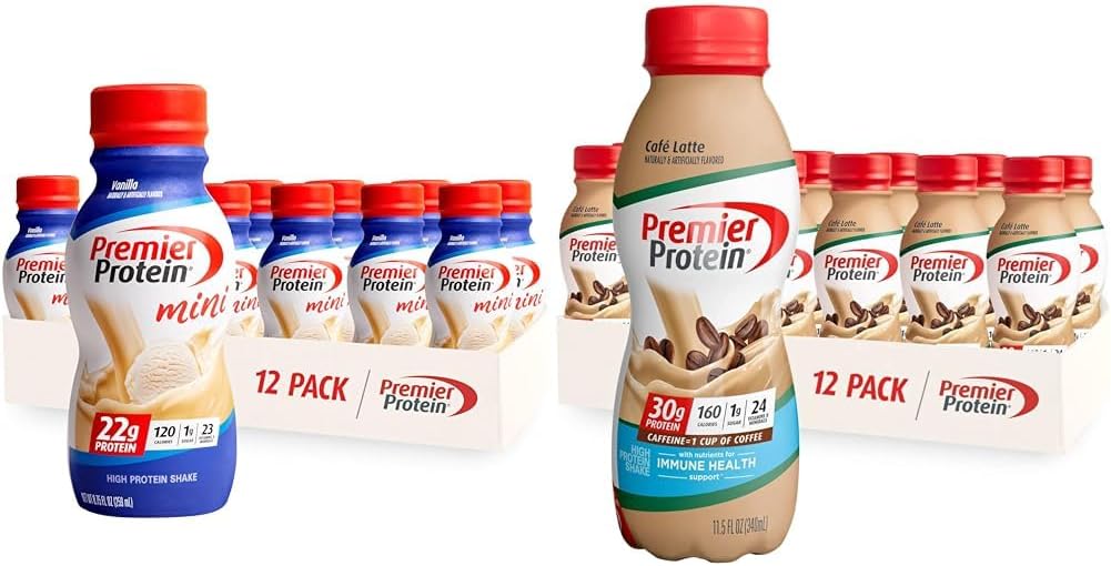 Premier Protein Shake MINIs Vanilla 22g Protein 120 Calories Confezione da 12 & Café Latte 30g Protein 160 Calories Nutrienti per la Salute Immune Confezione da 12