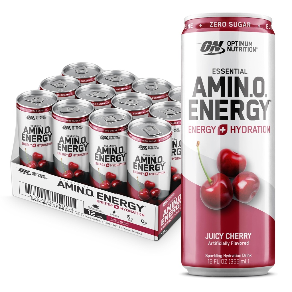 Optimum Nutrition Amino Energy Sparkling Hydration Drink, Electrolytes, Caffeina, Aminoacidi, BCAAs, Sugar Free, Juicy Cherry, 12 Fl Oz, 12 Pack (Packaging May Vary)