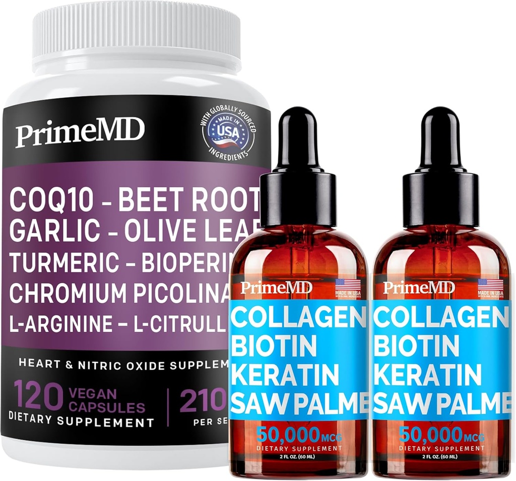 Liquid Collagen Biotin (2pk) e Ossido Nitrico (1pk) Supplemento Bundle - Potenti vitamine per capelli, pelle, unghie, cuore, circolatorio e supporto lipidico - Non OGM, Vegan, senza glutine