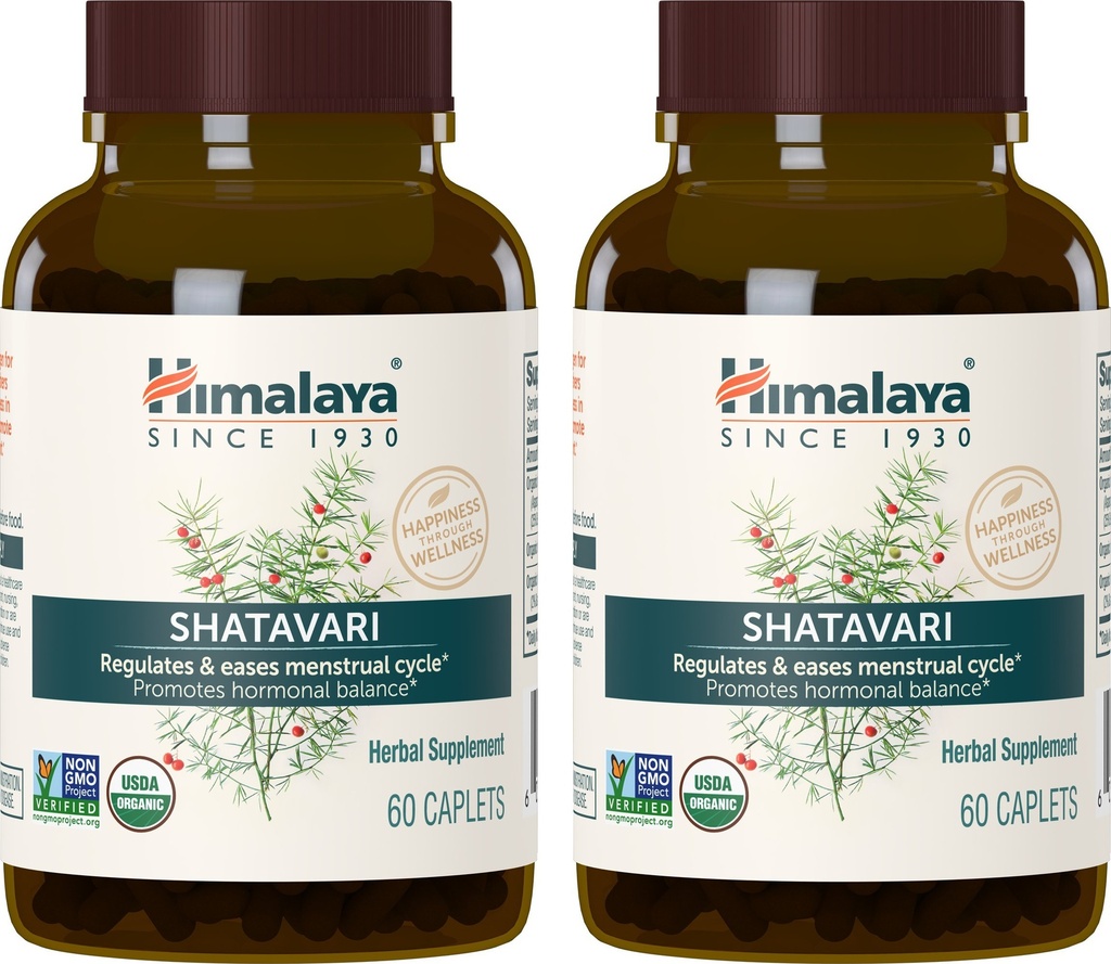 Himalaya Organic Shatavari per PMS, Rilievo di Cramp Mestruale, Supporto di Menopausa e Salute delle Donne, 1.300 mg, 60 Caplets, 2 mesi di fornitura, 2 Pack