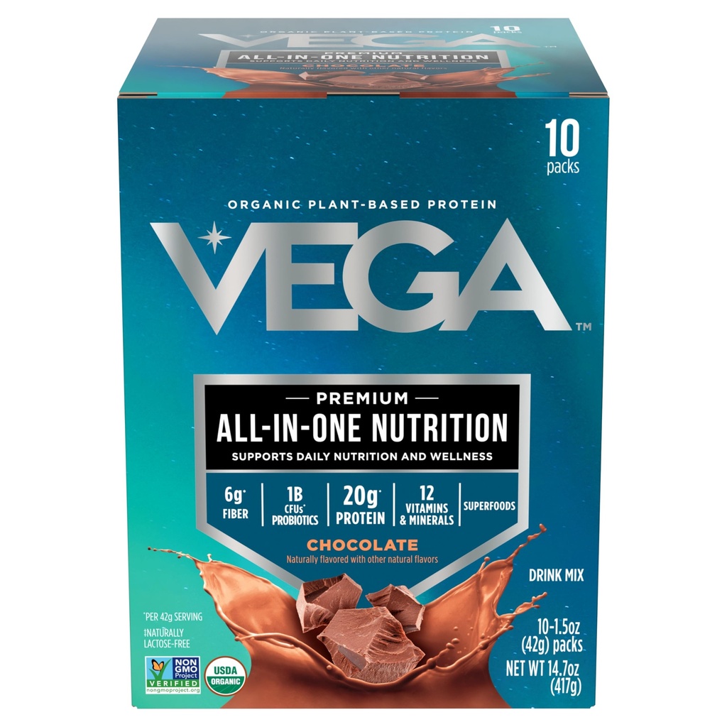 Vega Organic All-in-One Vegan Protein Powder, Cioccolato - Superfood Ingredienti, Vitamine per Supporto Immunità, Keto Friendly, Pea Protein per Donne & Uomini, 14,7 oz (Packaging May Vary)