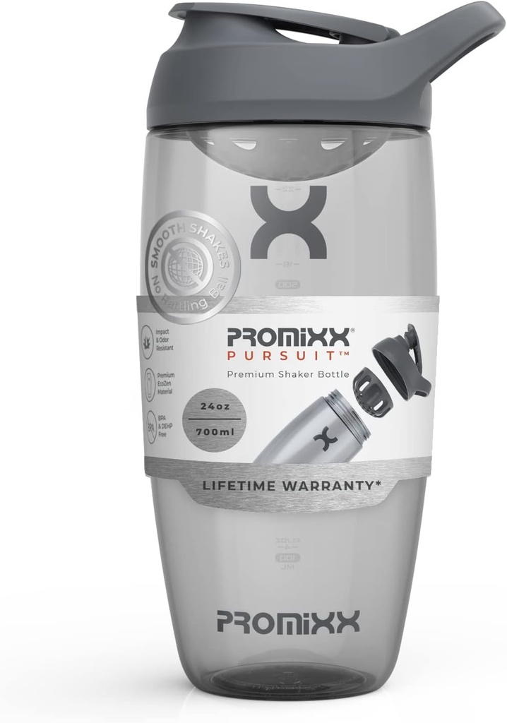 Promix Pursuit Protein Shaker Bottiglia (24 oz) – Silent No-Ball Mixer, Leak-Proof Lid, BPA/BPS & Phthalate-Free ECOZEN – Easy-Clean Shaker Cup for Protein Shakes, Pre & Post-Workout Smoothies