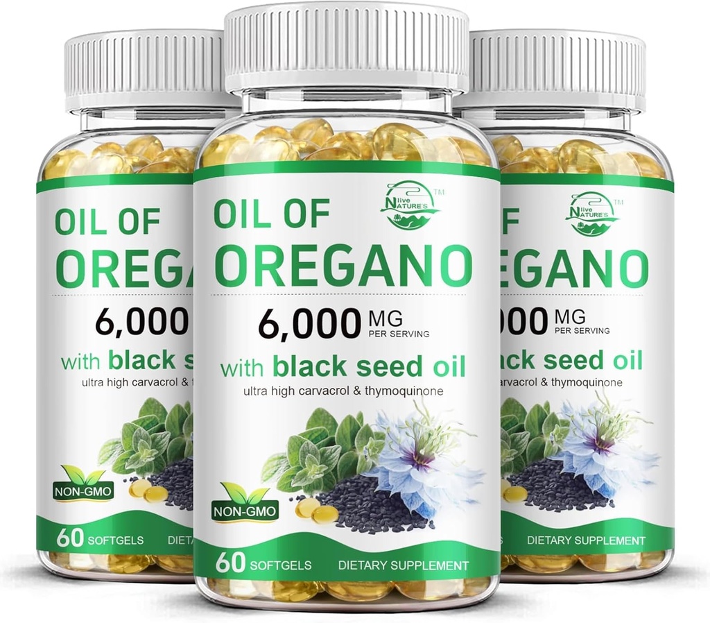 Olio dal vivo della natura di origano con olio di semi neri, 2 in 1 integratore di origano per la salute immunitaria, contiene Carvacrol e Thymoquinone ad alta concentrazione, Non OGM, 3 confezione