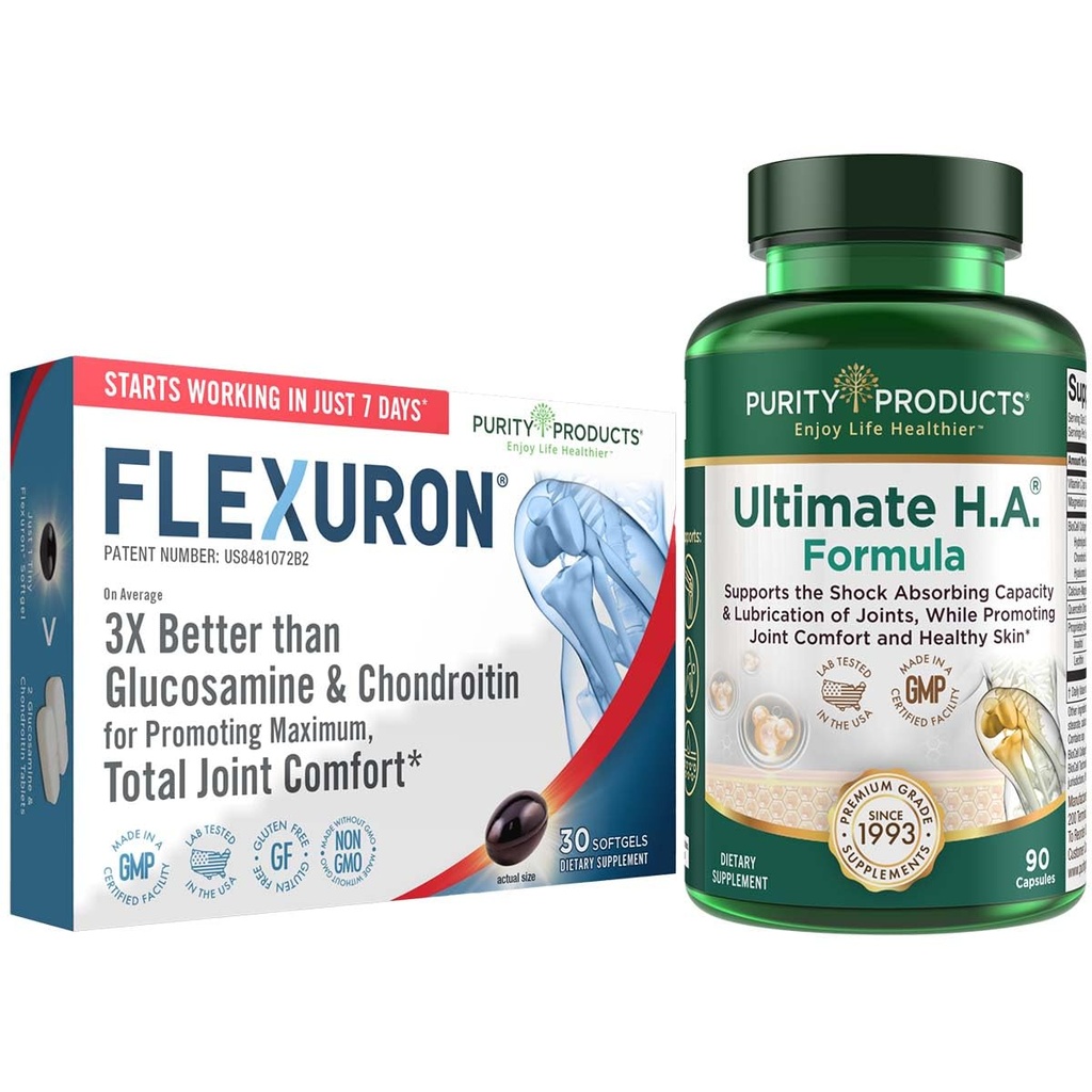 Formula congiunta Flexuron + Ultimate HA Flexuron (olio secco, acido ialuronico a basso peso molecolare, astaxantina) - Ultimate H.A. (BioCell Collagen, Quercetina, acido ialuronico + di più)