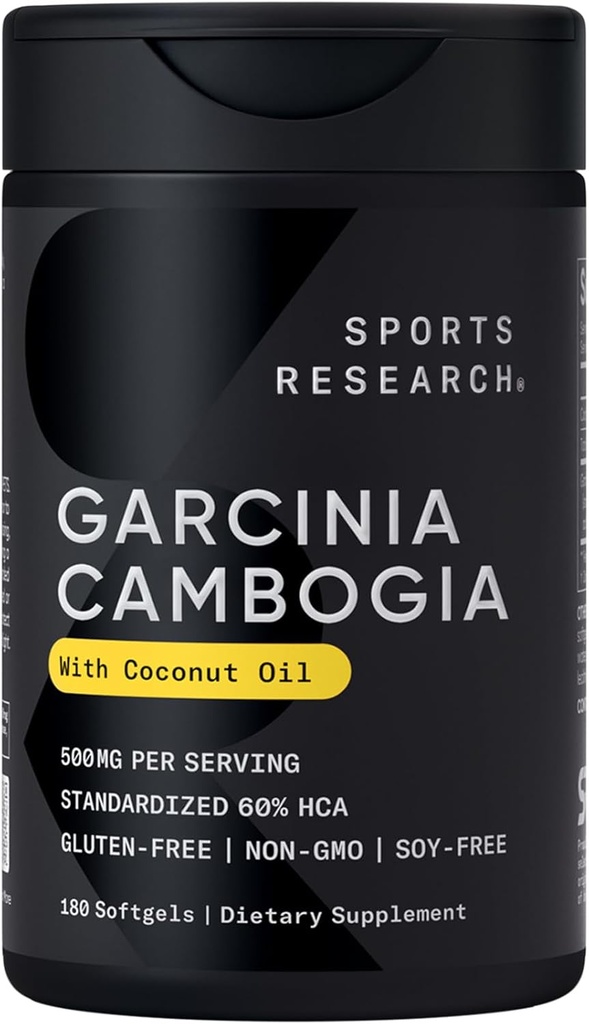 Ricerca sportiva Garcinia Cambogia Extract (60% HCA) con Olio di cocco biologico extra vergine | Non OGM, Soia e Gluten Free (180 Liquid Softgels)