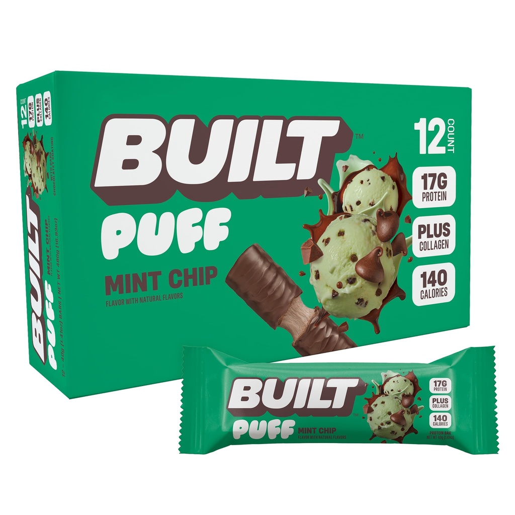 Bar costruito, Barre di proteine di Puff, Puff chip di menta, 17g snack proteici, Barre On-The-Go, Solo 140 calorie, 6g zucchero, collagene, senza glutine, 12 conte