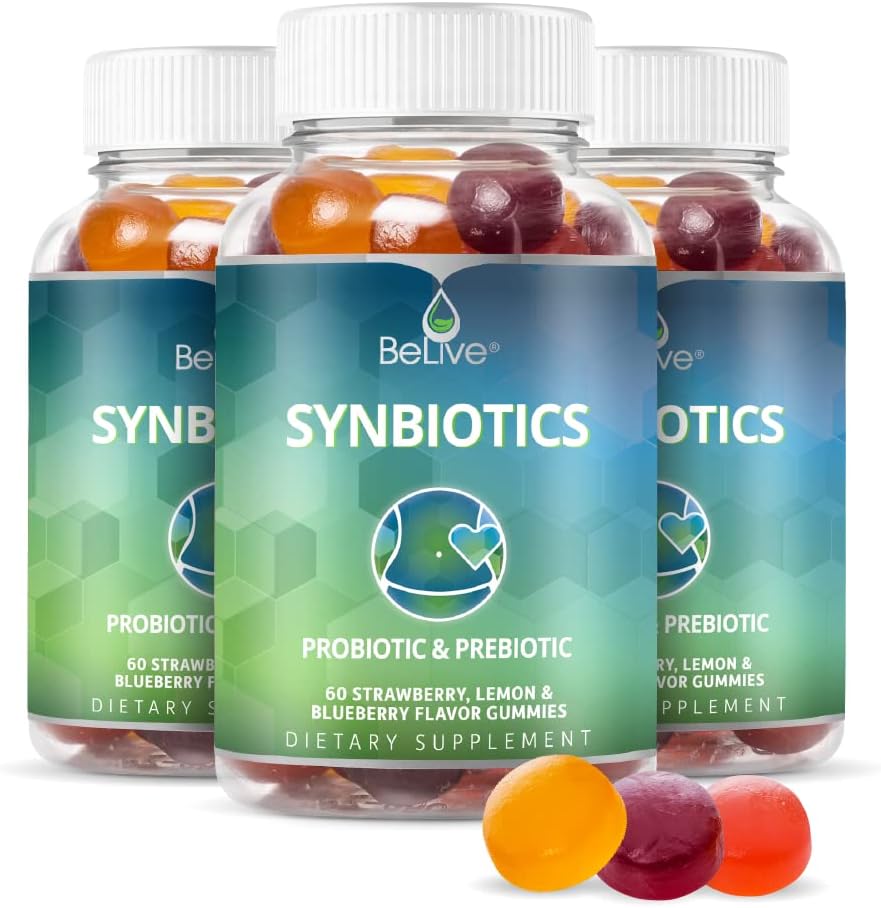 BeLive Synbiotics - Probiotici & Prebiotici Fibra Gummies – Inulina ad alta resistenza (3g), Integratore di fibre alimentari, Supporto digestivo per bambini & adulti - Fragola, Limone, Mirtillo Flavor | 3-Pack