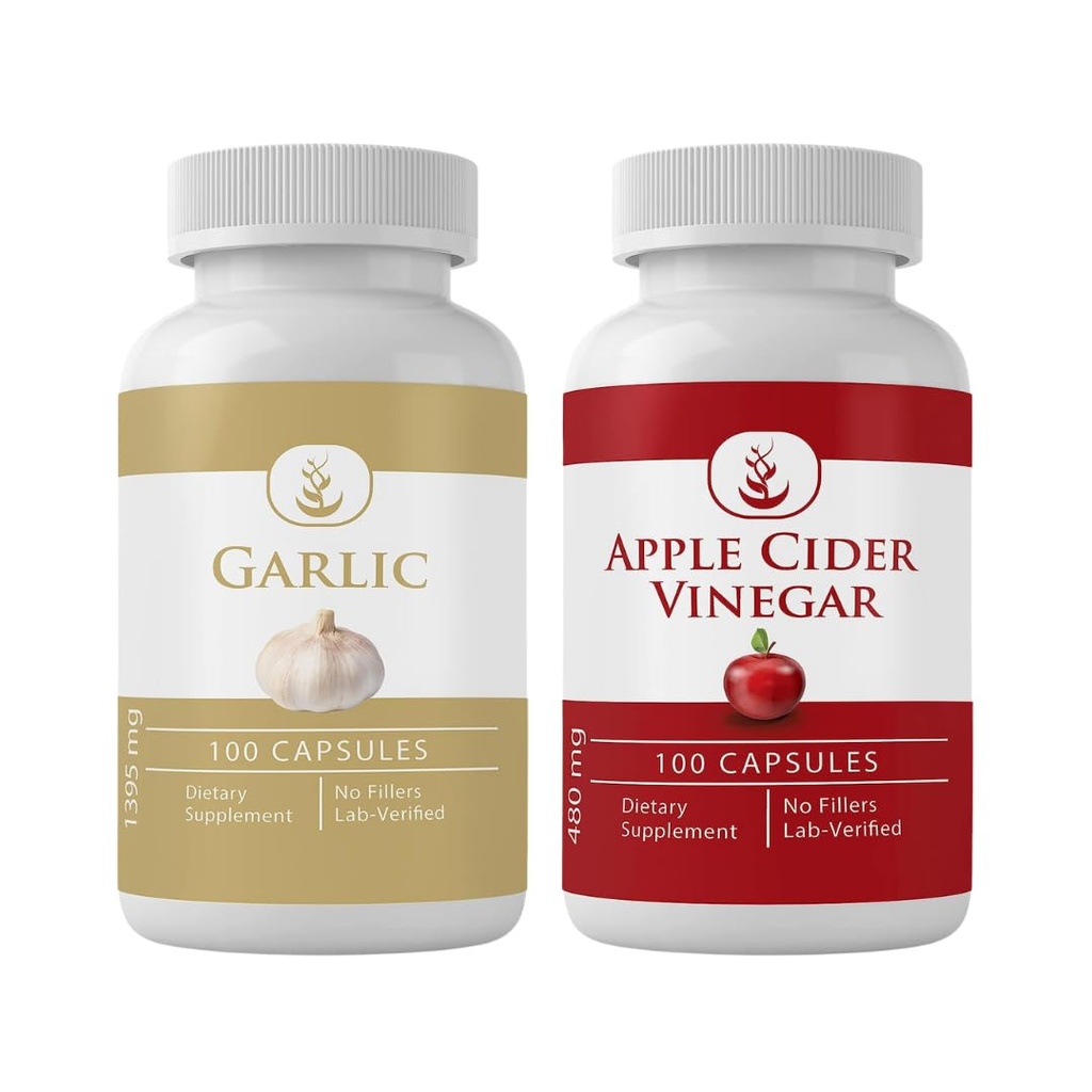PURE ORIGINAL INGREDIENTI Aglio e sidro di mele capsule Bundle (100 capsule ciascuna), Nessun Additivo o Filler, Verified Lab
