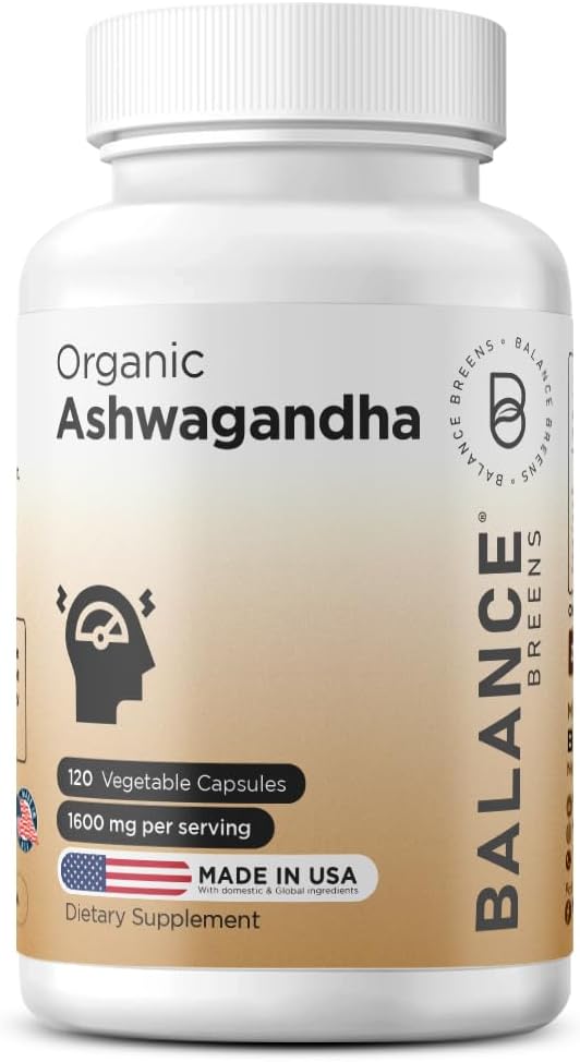 Certificati organici Ashwagandha 1600mg, 120 capsule di veg - Supporta livelli di energia bilanciata e sonno (120 conteggio (pacchetto di 1))
