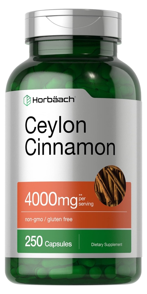 Horbäach Ceylon Cinnamon Capsule 4000mg | 250 Count | Non OGM, Gluten Free