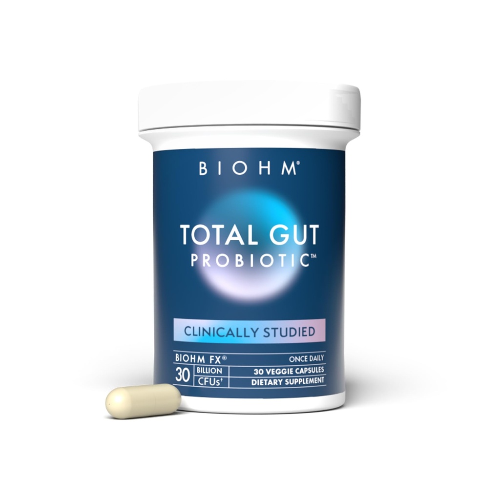 BIOHM Probiotico totale, 30 miliardi di CFU Probiotici giornalieri per le donne e gli uomini (30 conte) Aiuta a ridurre occasionale Gas & Bloating, Supporta la digestione & Total Gut Health, Non-GMO, Vegan