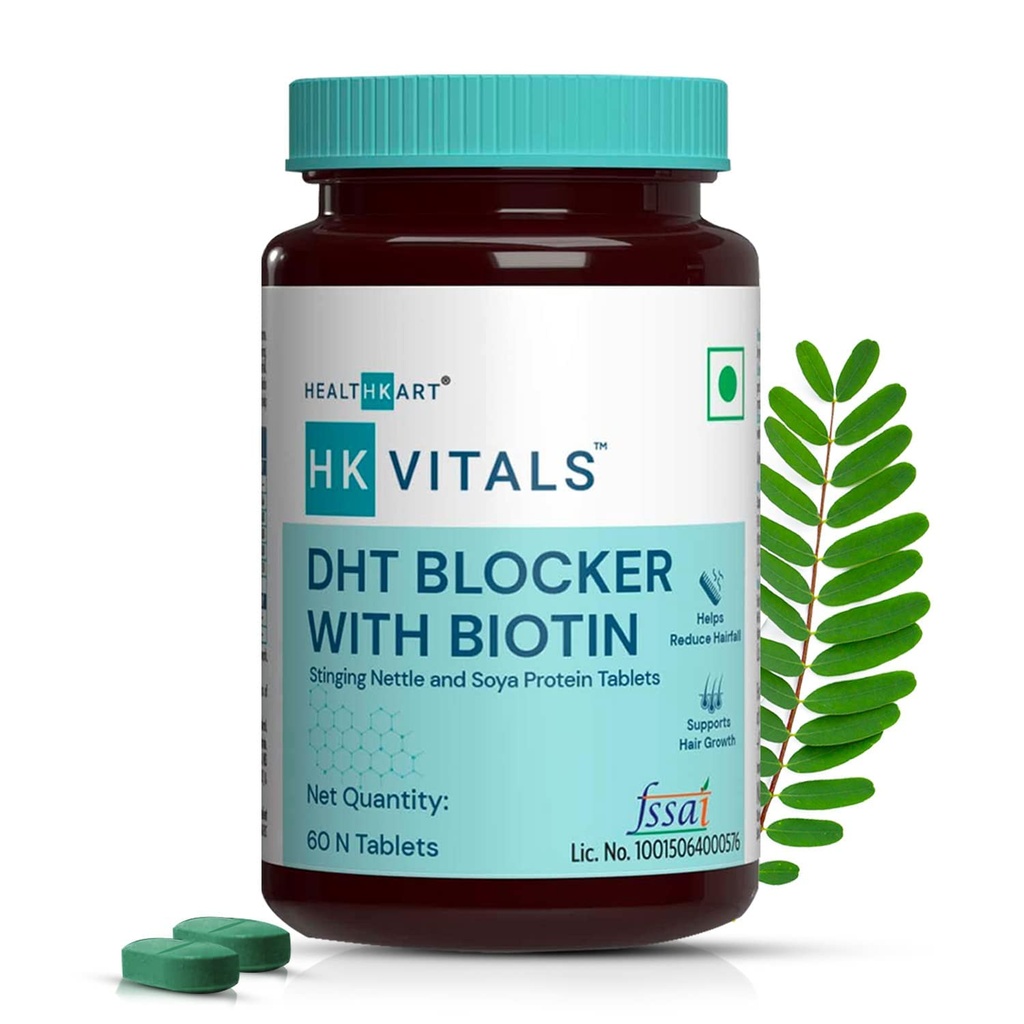 HK Vitals DHT Blocker con Biotin, Sting Nettle e proteina SOYA, aiuta a ridurre la caduta dei capelli, stimola la crescita dei capelli, 60 compresse