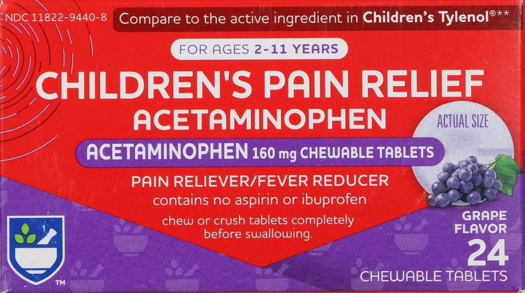 Sollievo del dolore per bambini Tablets dell'uva masticabile, acetaminofene, 160 mg - 24 conte | Dolore e febbre per bambini Età 2-11 anni | Senza alcool, senza aspirina, senza Ibuprofen