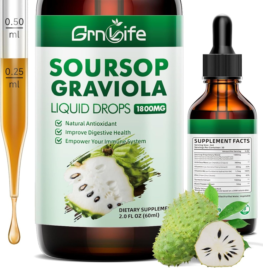 (1 confezione) Soursop Graviola Liquid Drop con Sea Moss & Turmeric, Soursop Bitters Liquid per il supporto cellulare & Regeneration, Antiossidante e Immune, 2 Fl/Oz