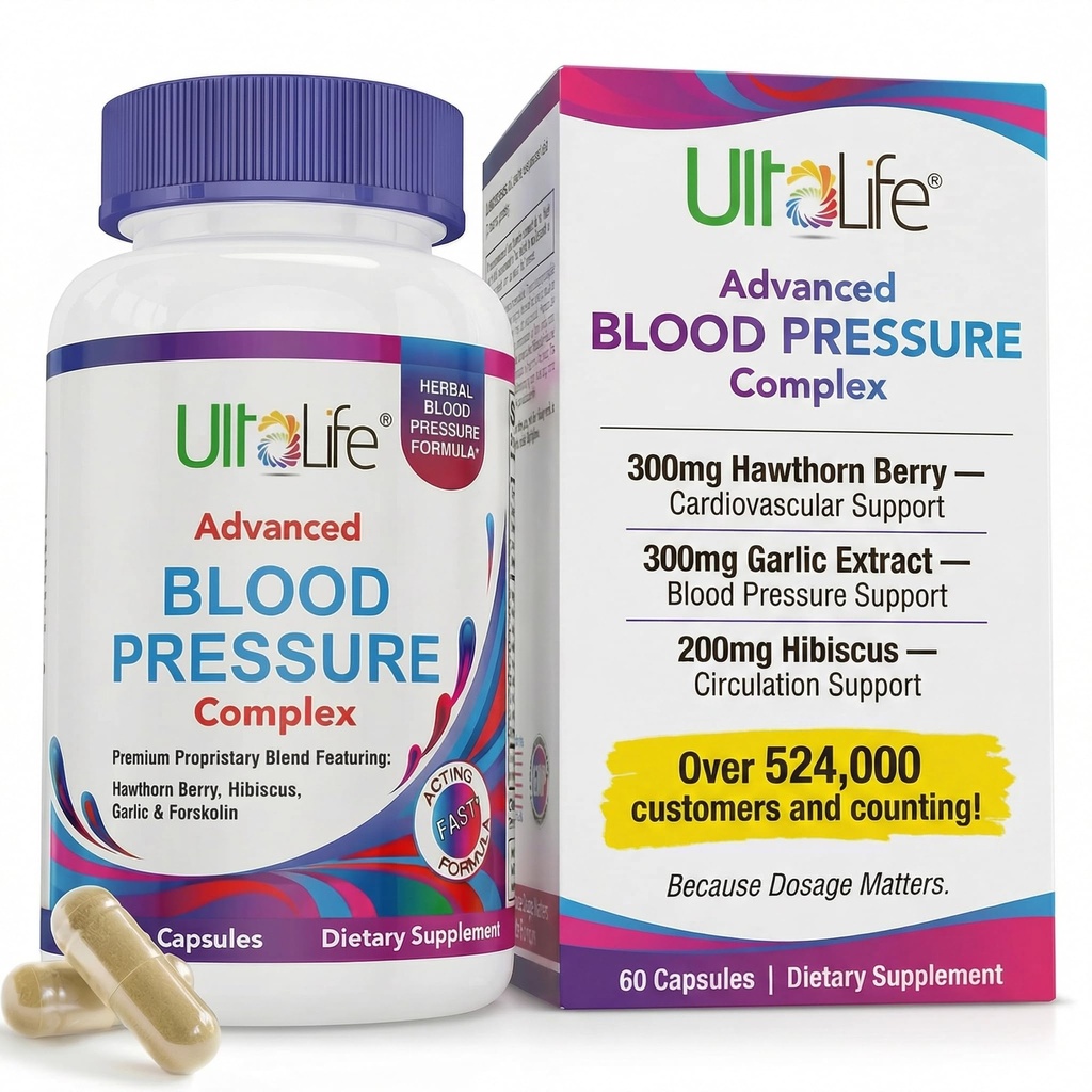 Supplementi di pressione sanguigna ULTALIFE - Advanced Blood Pressure Supplement Complex - Hawthorn Berry, Hibiscus, Aglio, Forskolin - 14 vitamine e erbe, 30 giorni di alimentazione in capsule vegetali