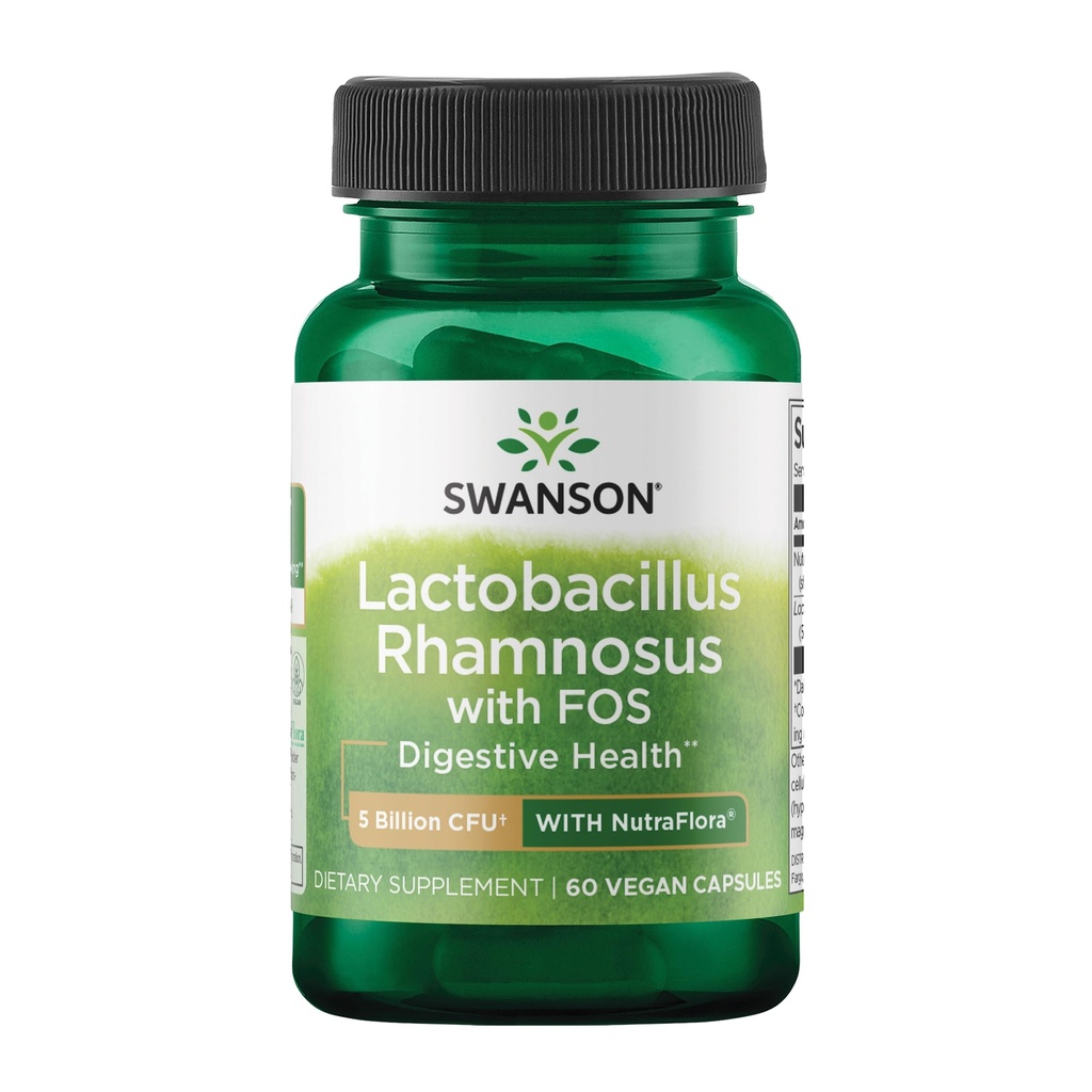 Swanson Lactobacillus Rhamnosus con FOS - 5 miliardi di CFU - Assistenza sanitaria digestiva con Fructooligosaccharides - Supporto probiotico per la salute Gastrointestinale* - Vegan - 60 Caps Veggie
