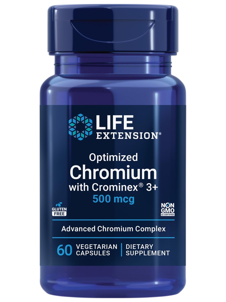 Estensione della vita Cromo ottimizzato con Crominex 3+ 500 mcg, Metabolismo Salute, Equilibrio sano, Vegetariano, Senza glutine, Non OGM, 500 mcg, 60 capsule vegetariane