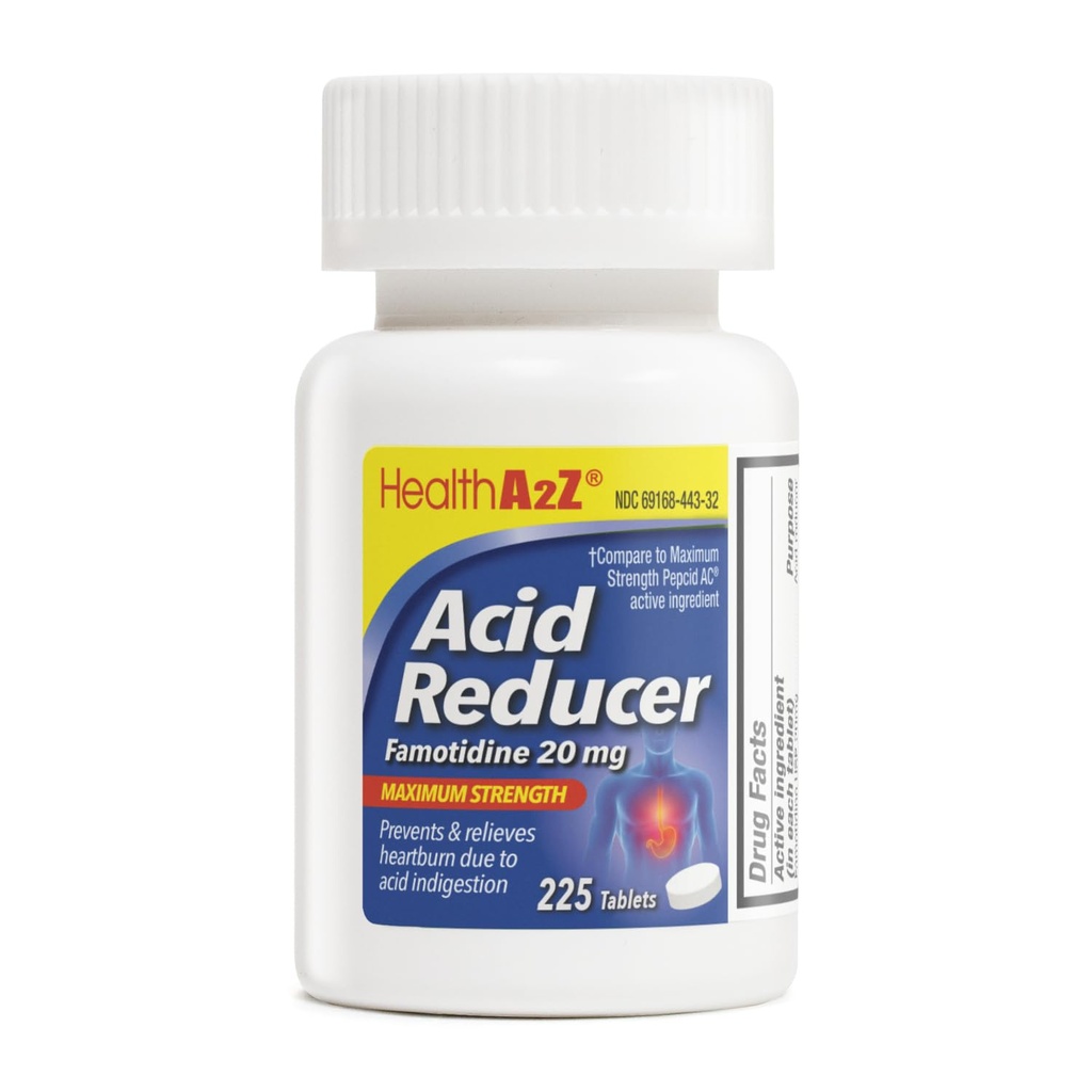 Riduttore di acido HealthA2Z® | Famotidina 20mg | Resistenza massima | Rilievo da bruciore di cuore a causa di indigestione acida (225 compresse (pacchetto di 1))