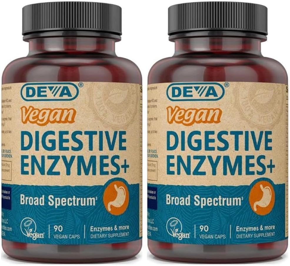 Deva Vegan Vitamins Digestive Enzymes Plus Supplemento - Una miscela unica di enzimi e erbe - 90 capsule (Pack of 2) pacchetto May Vary