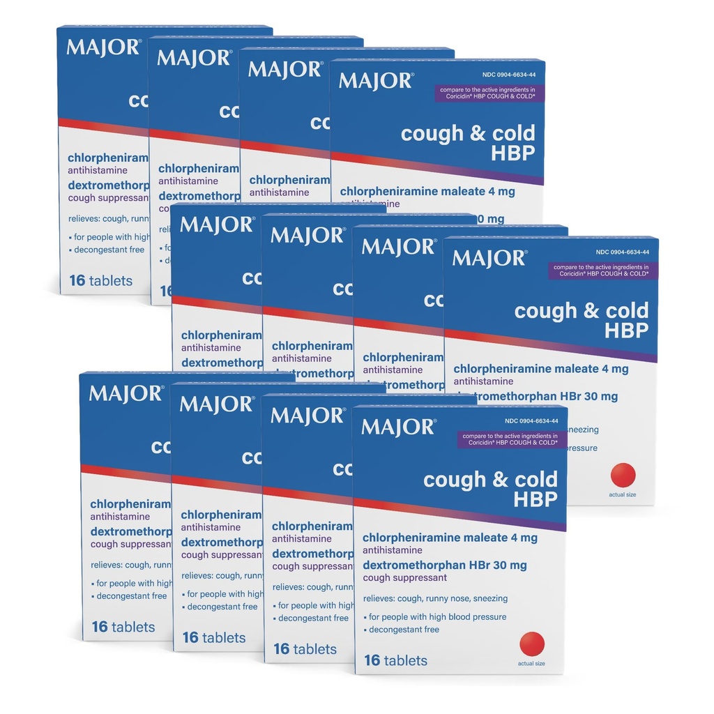 MAJOR Cough and Cold HBP Tablets - Antistamina e Cough Suppressant per le persone con alta pressione sanguigna - Dextromethorphan HBr, Chlorpheniramine Maleate - 16 Conte (12 Pack)