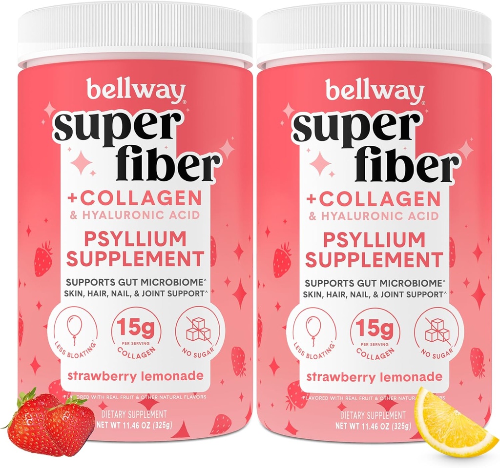 Bellway Super Fiber Powder + Collagen (2 Pack), Polvere senza zucchero Psyllium Husk con Peptidi di collagene per la salute del fegato, pelle sana, unghie, ossa e giunti, limonata di fragola (22,92 oz)