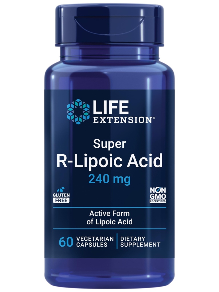 Estensione della vita Super R-Lipoic Acid – Sanità dell'invecchiamento, difesa dello stress ossidativo – con 240 mg di R-Form attivo di acido R-Lipoico – Senza glutine – Non OGM – Vegetariano – 60 capsule