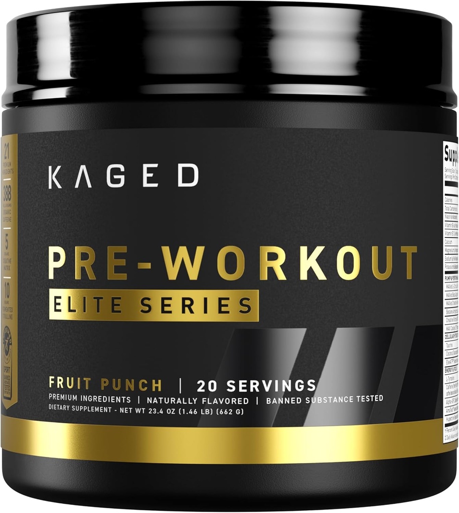 Polvere pre-allenamento del stimolante superiore Kaged | Fruit Punch | Pre-Kaged Elite | L-Citrulline | Creatina | Beta Alanine | 388mg Caffeina | Nitric Oxide Booster | 20 Serve