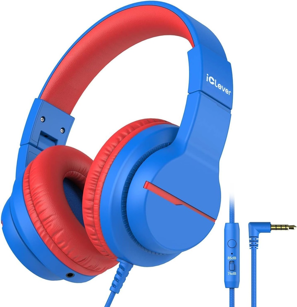 iClever Kids Cuffie per viaggi scolastici, Volume sicuro Limited, HD Mic Stereo Sound Over-Ear Girls Boys Cuffie per bambini, FunShare pieghevole 3.5mm Filo per iPad Computer, HS19