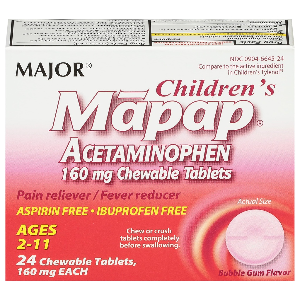 MAJOR Mapap Acetaminophen da bambini da 160 mg Compresse masticabili - Riduttore di dolore/Fever - Aspirina Free - Ibuprofen Free - per età da 2 a 11-24 conte (1 confezione)