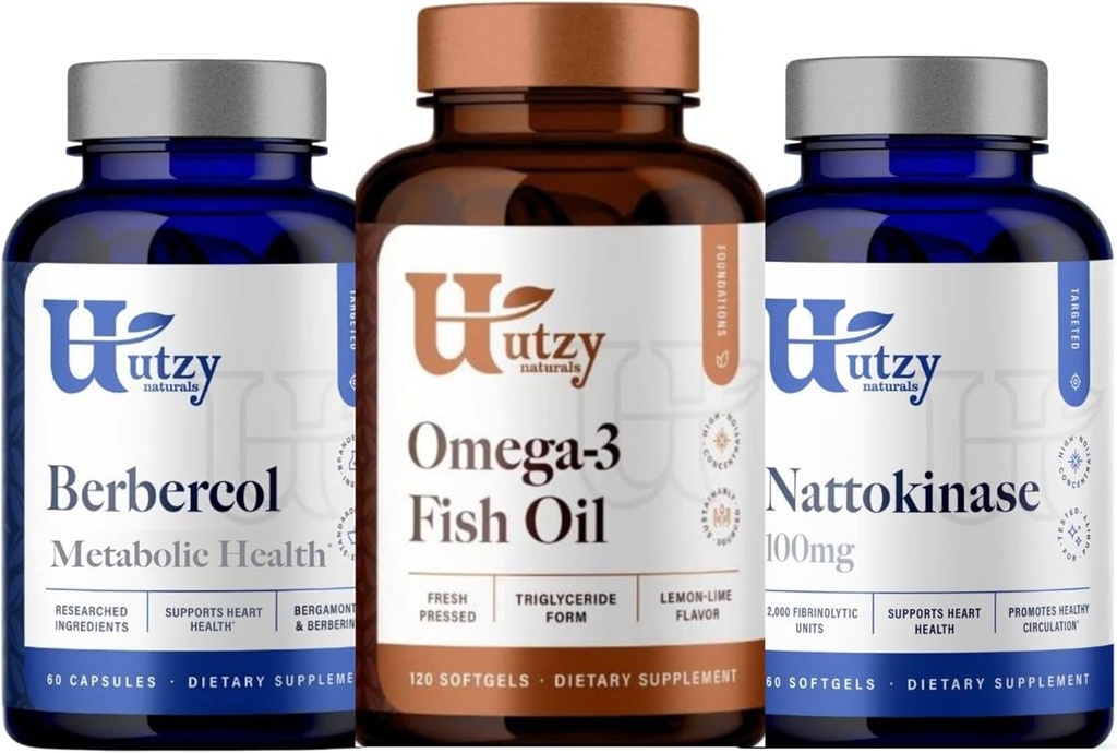 Utzy Naturals Berbercol | 500mg Citrus Bergamot (come Bergamonte) & Berberine, Nattokinase | 100mg + Omega 3 Fish Oil