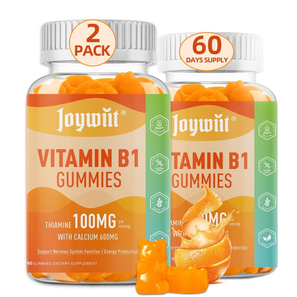 Vitamina B1 Gummies 100mg per adulti e bambini, Thiamine B1 Supplemento con 600mg di calcio, Nervosa Supporti di sistema & Boost Energy, Arancione Flavor, Non OGM, Vegan, 120 Gummies masticabili