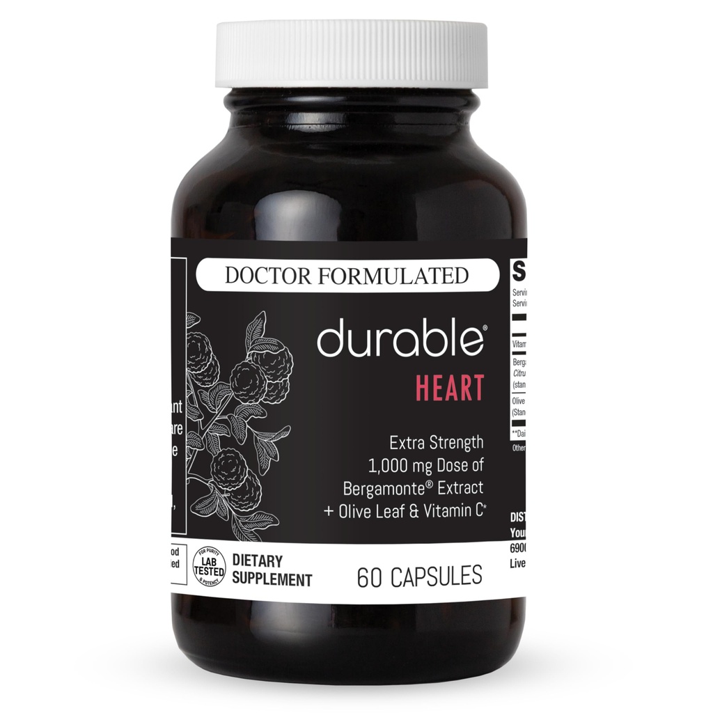 Cuore durevole – Bergamonte Citrus Bergamotto 1.000 mg + Estratto di foglie di oliva + Vitamina C - Supplemento di salute del cuore per colesterolo sano - Medico formulato, Vegano, Non OGM, Made in USA (60 capsule)