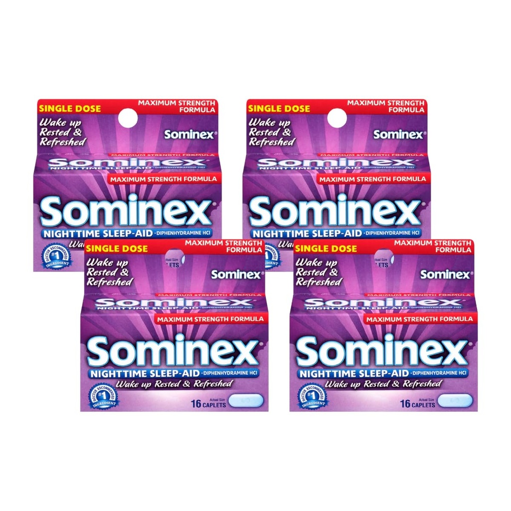 Sominex Nighttime Sleep-Aid Caplets, Forza massima, 16-Count Boxs (Pack of 4)