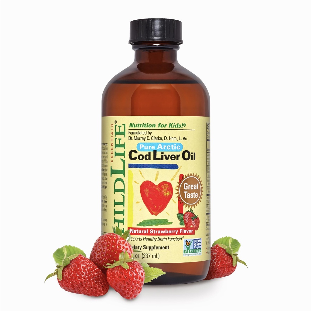 CHILDLIFE ESSENTIALS Cod olio di fegato per bambini - Kids Cod olio di fegato liquido, per bambini 6+ mesi, bambini, aggiunto DHA, EPA, omega-3 acidi grassi - fragola, 8 fl oz