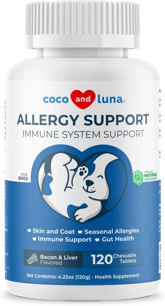 Supporto allergia per cani - 120 compresse masticabili - con vitamina C, Omega 3 e Colostrum - Itch Relief, Allergy Relief per cani, Skin Soother - con probiotici per la salute del sistema immunitario
