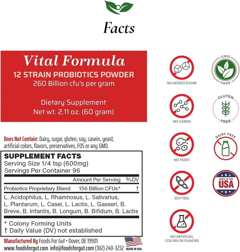 Alimenti per Gut Vital Formula 12 Strain Probiotics Powder 260 Billion CFU | Made in USA | Direct from Manufacturer | No Third-Party Storage | Supporto immunitario | 60 Grammi (2.11 Oz)