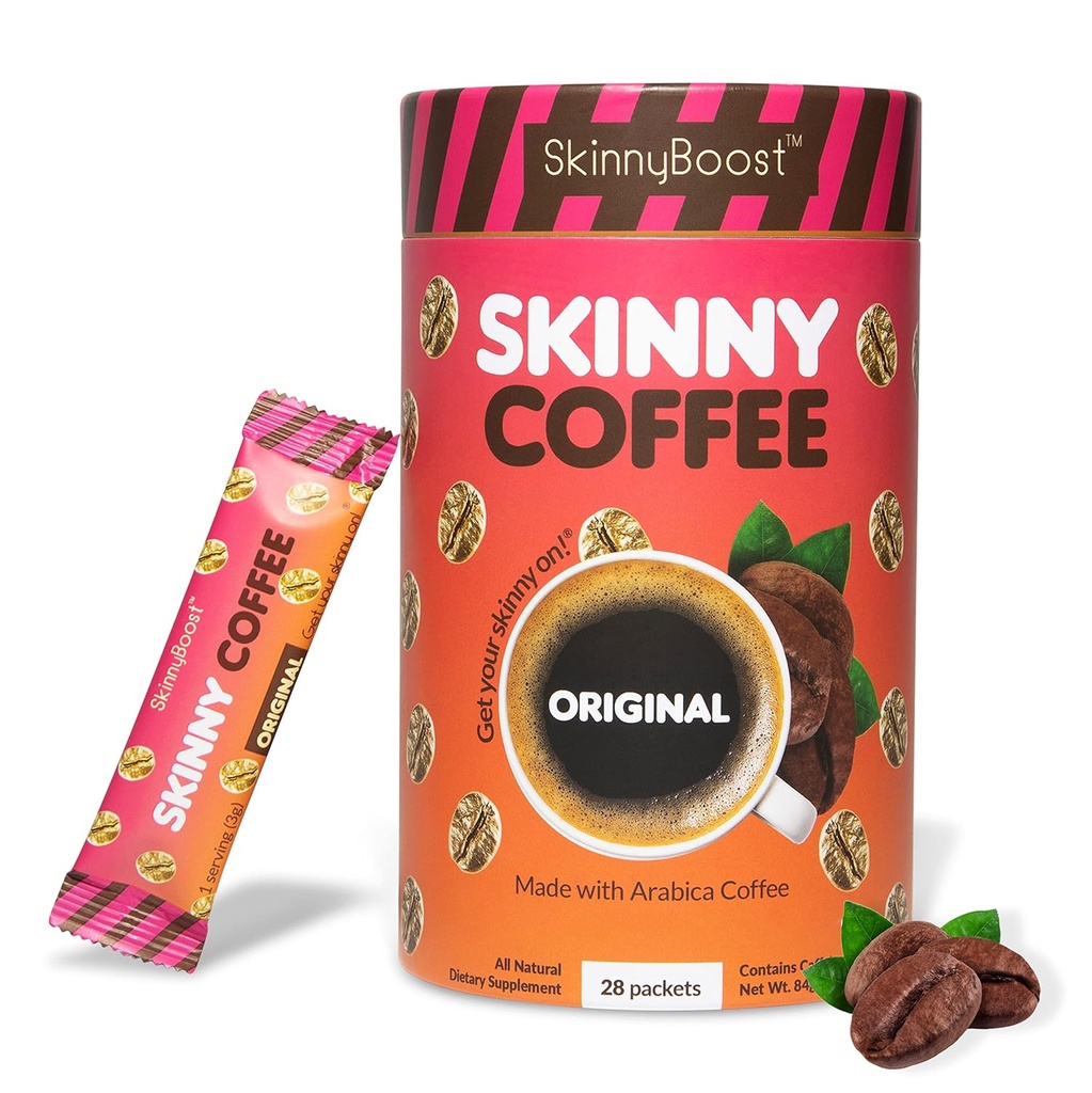 Skinny Boost Instant Skinny Coffee Sticks (Unflavored) - Realizzato con Arabica chicchi di caffè, Garcinia Cambogia, Estratto di tè verde, B Vitamine, Fibra e Prebiotici –Animali gratuiti-Keto Friendly (28 pacchetti)