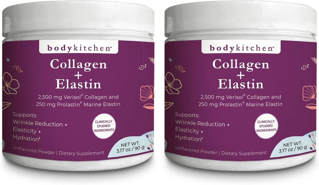 Collage da cucina corporea e 250 mg Elastin Supplemento ai segni di aiuto di invecchiamento, Supporta la salute della pelle e l'elasticità, Piedi rughe, Polvere non aromatizzata, Tasteless, Inodore, Incolore, 30 Serve (2 Confezione)