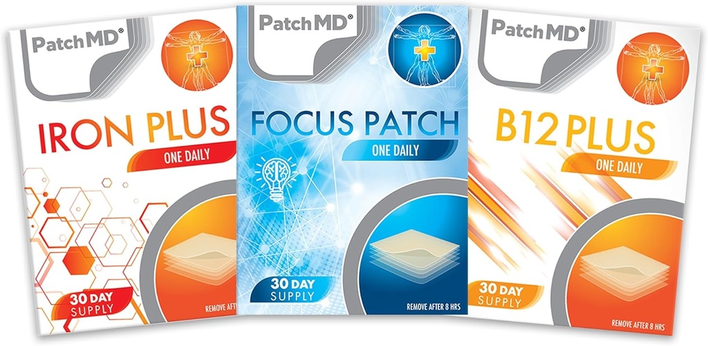 Iron Plus, B12 Energy Plus, &amp; Focus Topical Patch Bundle - 30 giorni di fornitura