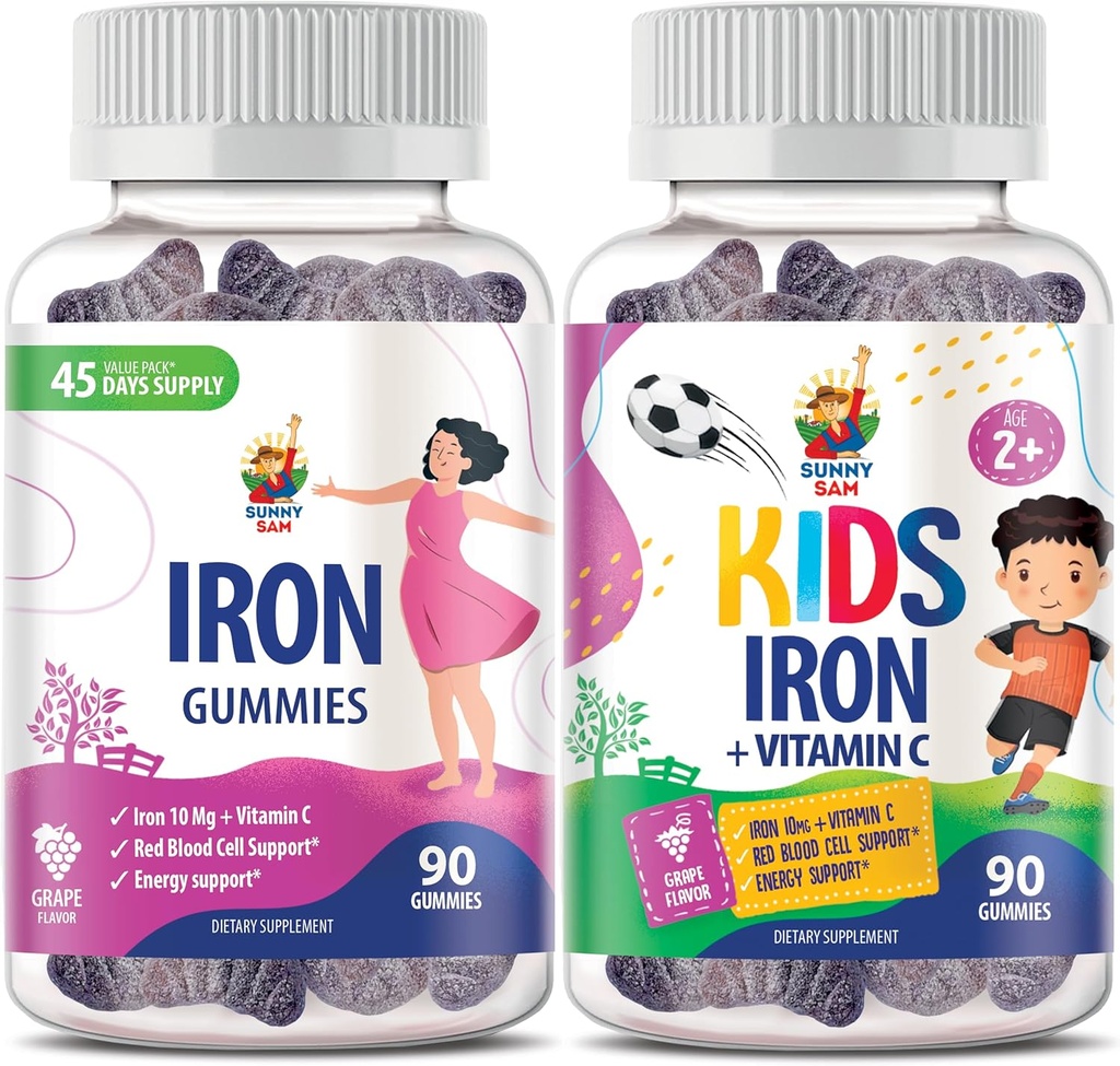 SUNNY SAM Iron Gummies per bambini e adulti - Vitamine di ferro con vitamina C, 10 mg per porzione - Gomma di frutta masticabile di ferro per il supporto immunitario Produzione di globuli rossi