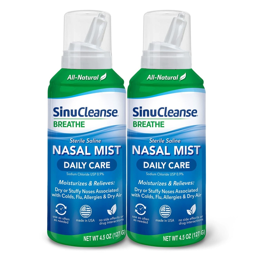 SinuCleanse Daily Care Sterile Saline Nasal Spray, Ultra Fine Mist, istantaneamente idrata e allevia ogni giorno Congestione nasale a causa di Colds & Dry Air, 4.5 Oz (2 Pack), Made in USA