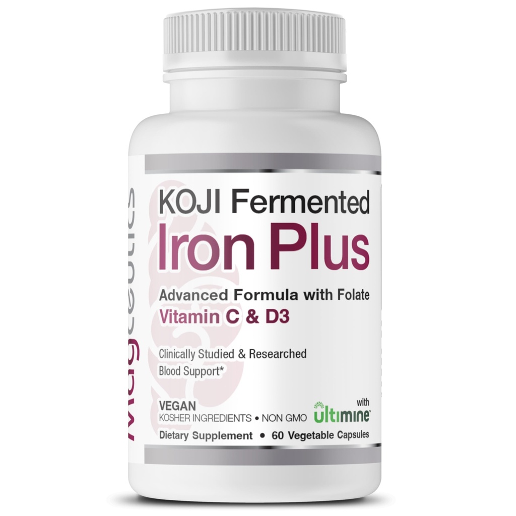 Koji Fermented Iron Plus - Supplemento di ferro con vitamina C, vitamina D3 e Folate per il supporto del sangue, facilmente assorbito e biodisponibile, Stomach Friendly, Vegan, Non OGM - 60 capsule